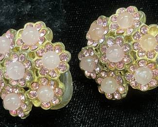 Vtg Graziano Gold Tn Pink Crystal Flower Earrings