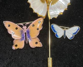 Lot 3 Butterfly Enamel Brooches & Stick Pin