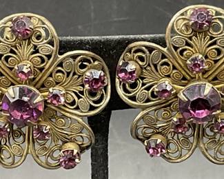 Vintage Filigree Metal Floral Crystal Earrings