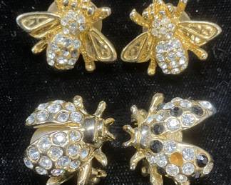 Lot 3 Gold Tone Crystal Bee Earrings, More