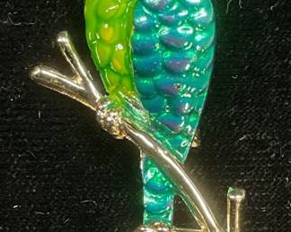 Vtg Gold Tn Green Enamel Crystal Parrot Brooch