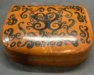 Vintage Hand Painted Leather Wrapped Jewelry Box