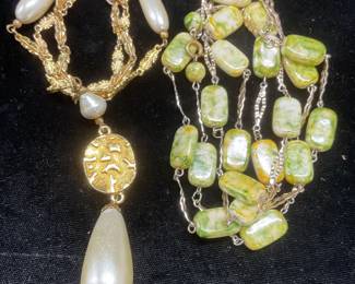 Lot 2 Gold Tn Faux Pearl & Stone Necklaces