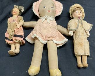 Lot 3 Vintage Assorted Cloth Dolls
