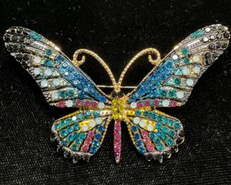 Gold Tone Multicolor Crystal Butterfly Brooch