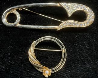 Lot 2 14k GF Faux Pearl Brooch, Safety Pin Brooch