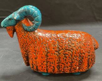 Vintage Orange & Blue Ram Figural Coin Bank