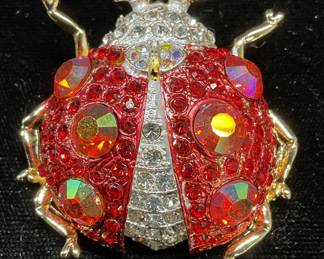 Gold Tone Enamel Crystal Ladybug Brooch