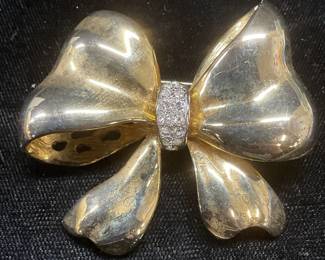 Vintage Gold Tone Crystal Bow Brooch