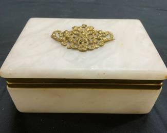 Vntg Natural Stone & Gilt Metal Keepsake Box W Lid