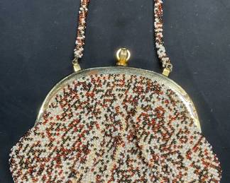 Vintage Gold Tn White & Red Beaded Handbag