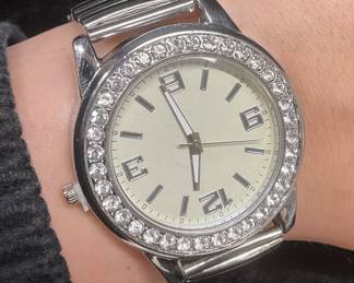 Silver Tone Stainless Steel Crystal Watch