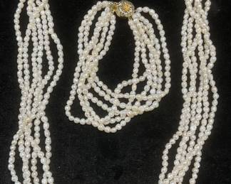 2 Seed Pearl Necklace & Bracelet Set, Silver Clasp