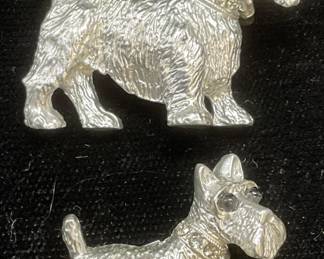 Lot 2 Vtg Silver Tn Crystal Terrier Dog Brooches