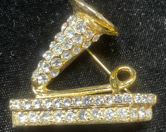 Gold Tone Crystal Gramophone Brooch
