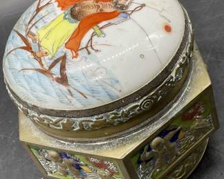 Hand Painted Asian Porcelain & Brass Trinket Box