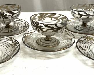 Set 8 Silv Pl Overlay Glass Goblets & Saucers