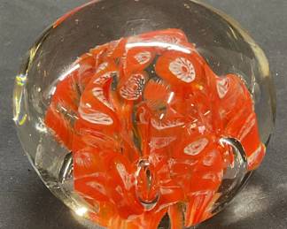 Hand Blown Orange Art Glass Millefiori Paperweight