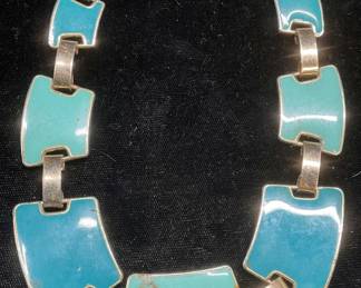 Signed Silver Tone Blue Enamel Necklace