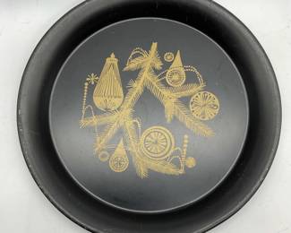 Vintage Black Metal Toleware Circular Tray