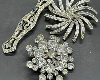 Lot 3 Vintage Silver Tone Metal Crystal Brooches