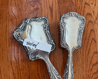Sterling hand mirror and brush