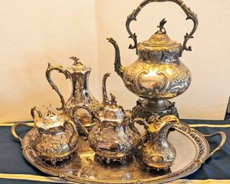 ANTIQUE VICTORIAN SILVER PLATED TEA SET 1860s BY MARTIN HALL & CO. SHEFFIELD ENGLAND