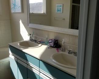 Retro double bath vanity; wall mirror
