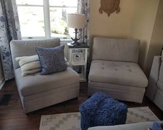 Upholstered side chairs; accent table; table lamp