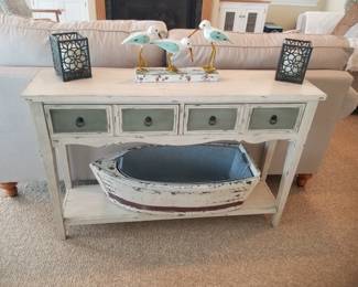 Rustic foyer table; rowboat galvanized tub