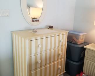 Yellow on yellow stripe 3-drawer dresser; wall mirror