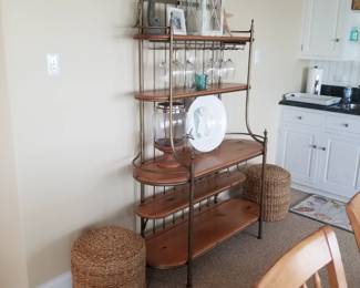 Bakers rack; rattan poufs