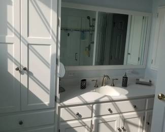 Bath vanity with storage tower