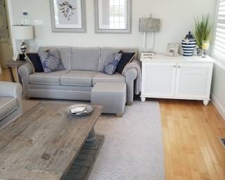 Restoration hardware coffee table; white cabinet