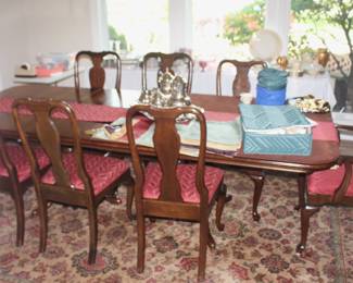 BUY IT NOW! $595.00. Ethan Allen Vintage Mahogany Queen Anne Style Table, Six Side Chairs plus two captain (arm) chairs, custom protective pads, two 18" original leaves, plus two custom made 21" leaves.                                                                                                          42" W x 66" L x 29" H. Two 18" leaves & two 21" leaves