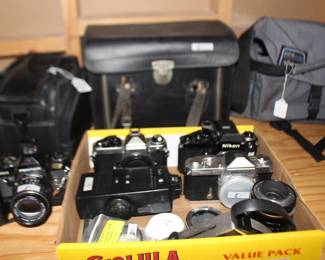 Vintage cameras and camera cases.
