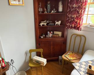 Solid Wood Corner Bookcase & Antique Chairs