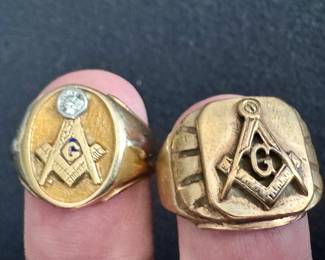 Pair of Rare Vintage FreeMason's rings, 14k with diamond and 10k