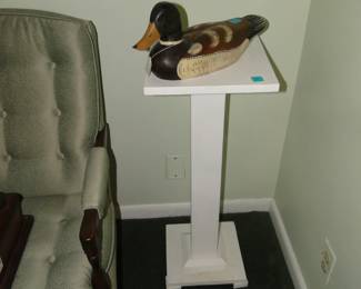 Hand carved duck, and wood pedestal table