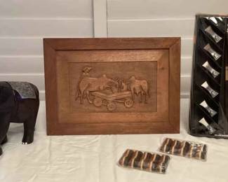 MMS198 Carved Wooden Picture Of Water Buffalo, Carved Wooden Elephant, Rose Wood Chopsticks & More!
