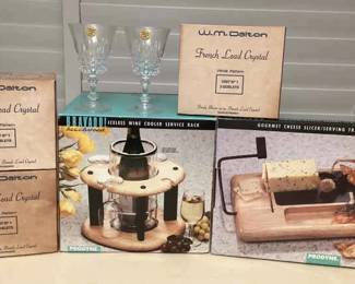 MMS127 WM Dalton French Lead Crystal Goblets, Wine Cooler Service Rack & Cheese Slicer/Serving Board