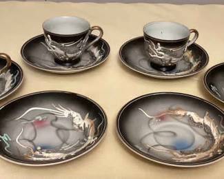 MMS164 Vintage Meiyo China Moriage Dragon Ware China Tea Cup & Saucers Set