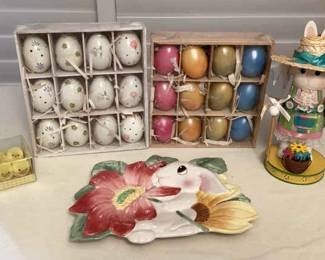 MMS225 Easter Bunny Nutcracker, Egg Ornaments, Ceramic Dish & Chenille Chicks