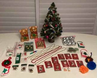 MMS209 Vintage Mini Faux Christmas Tree, Mini Ornaments, Teddy Bear Candles & More!