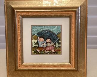 MMS050 Framed Original Painting Of Children Walking In The Rain Signed