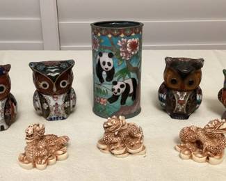 MMS192 Cloisonné Owls, Cloisonné Panda Pencil Holder & Carved Bone Looking Dragons