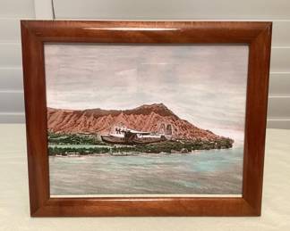 MMS208 Koa Framed “‘Flying Boat’ Over Waikiki Beach” Digital Color Print 