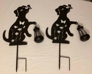 MMS135 Two Black Metal Dog Silhouettes Holding Solar Lanterns New