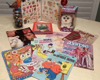 MMS195 Vintage Furby, Marbles, Sticker Book, Barbie Magazines & More!