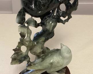 MMS218 Carved Jade? Pair Of Birds On Wooden Stand